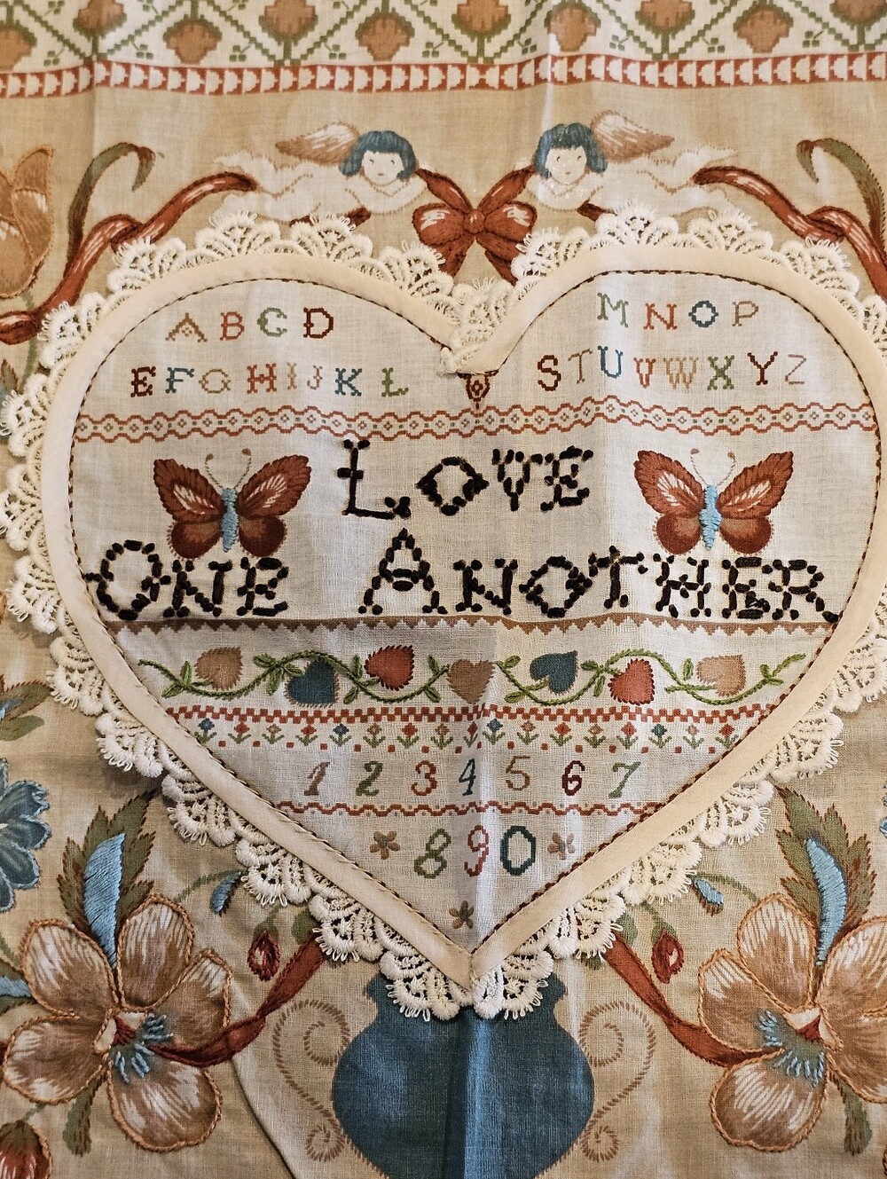 Heart-Shaped Embroidered Sampler - Floral & Alphabet Motif